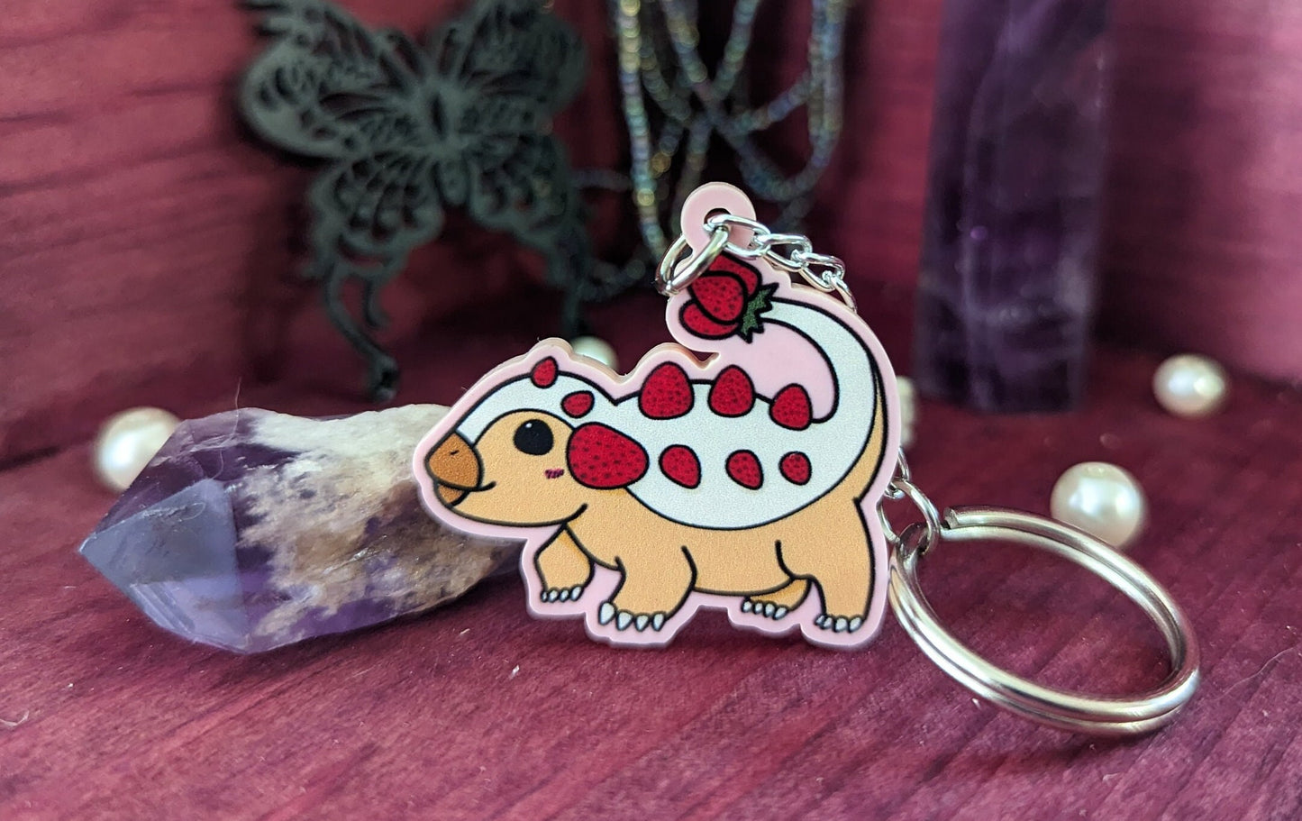 StRAWRberry Ankyloshortcake Kawaiinos Kawaii Dinos Ankylosaurus Keychain