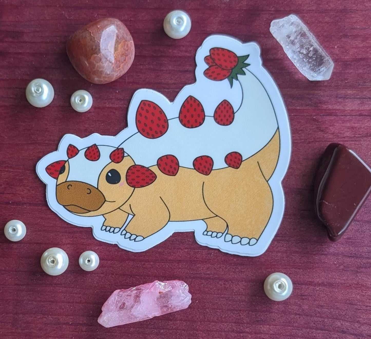Kawaiinos StRAWRberry Ankyloshortcake Ankylosaurus Dino Kawaii Dinosaur Vinyl Sticker