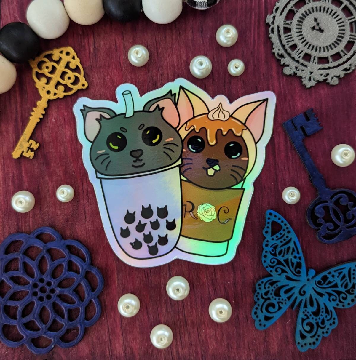 Booboo Tea and Caramel Moki-ato Cat Drinks Holographic Sticker