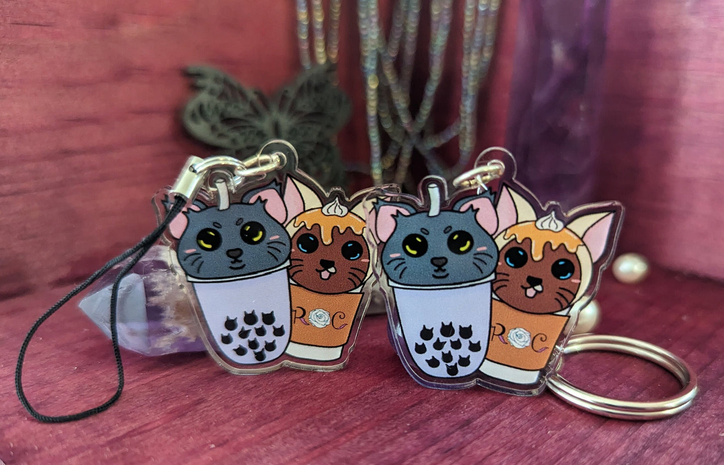 Cat Brothers Big Cat Little Cat Cloud and Mocha Cat Drinks Caramel Moki-ato and BooBoo Tea Kawaii Keychain