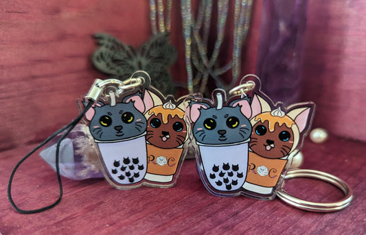 Cat Brothers Big Cat Little Cat Cloud and Mocha Cat Drinks Caramel Moki-ato and BooBoo Tea Kawaii Keychain